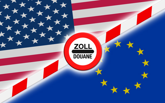 Grafik mit Zollgrenze zwischen den Flaggen von  USA und EU 